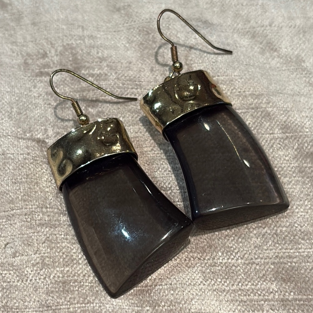 Modern Smokey Topaz Lucite and Gold Geometric Earrings
